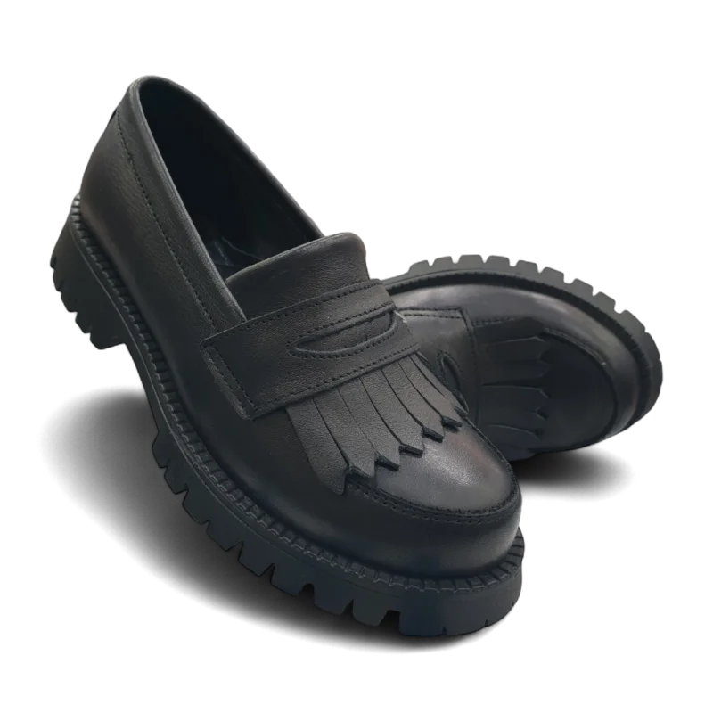 Siyah Tam Ortopedik Deri Çocuk Kolej Ayakkabısı