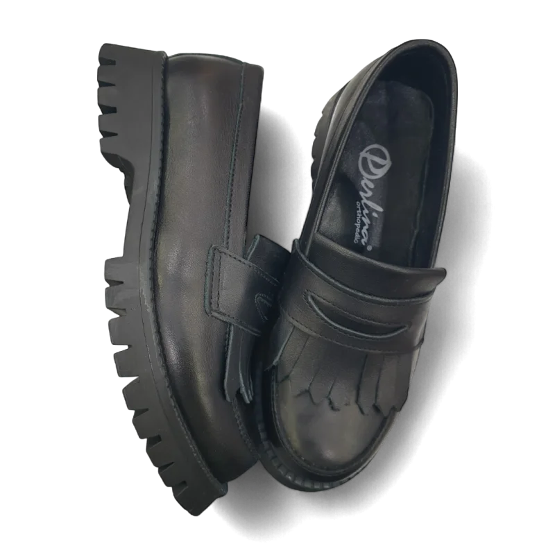 Siyah Tam Ortopedik Deri Çocuk Kolej Ayakkabısı