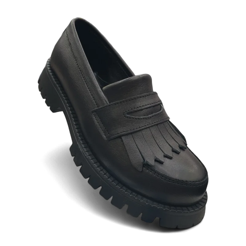 Siyah Tam Ortopedik Deri Çocuk Kolej Ayakkabısı