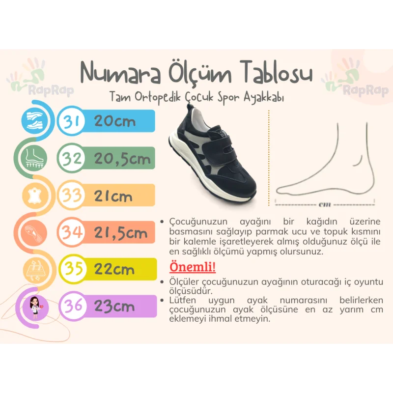 Siyah Tam Ortopedik Deri Çocuk Spor Ayakkabısı