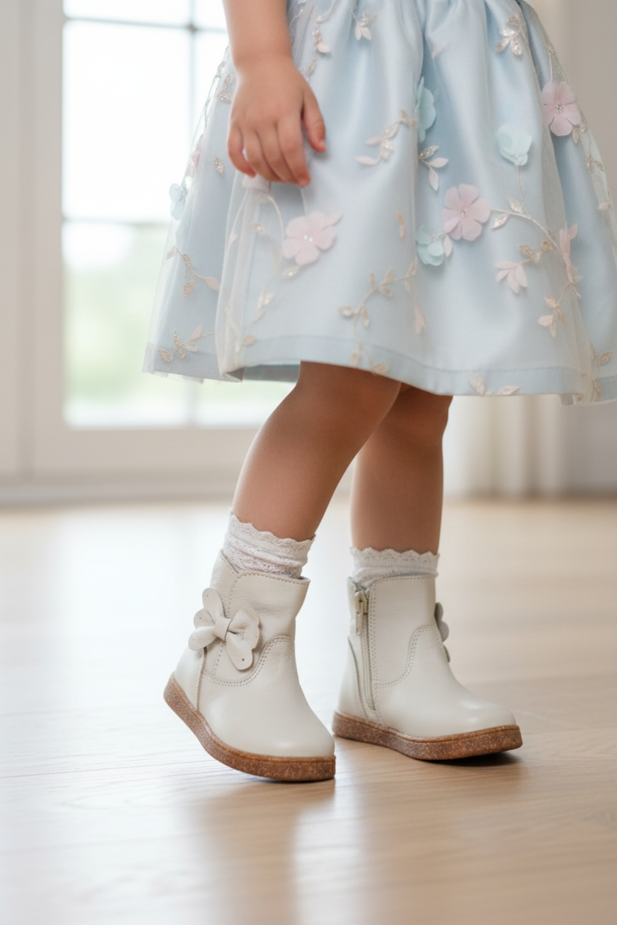 Bej İç Dış Hakiki Deri Tam Ortopedik Kız Bebek Fermuarlı Bot