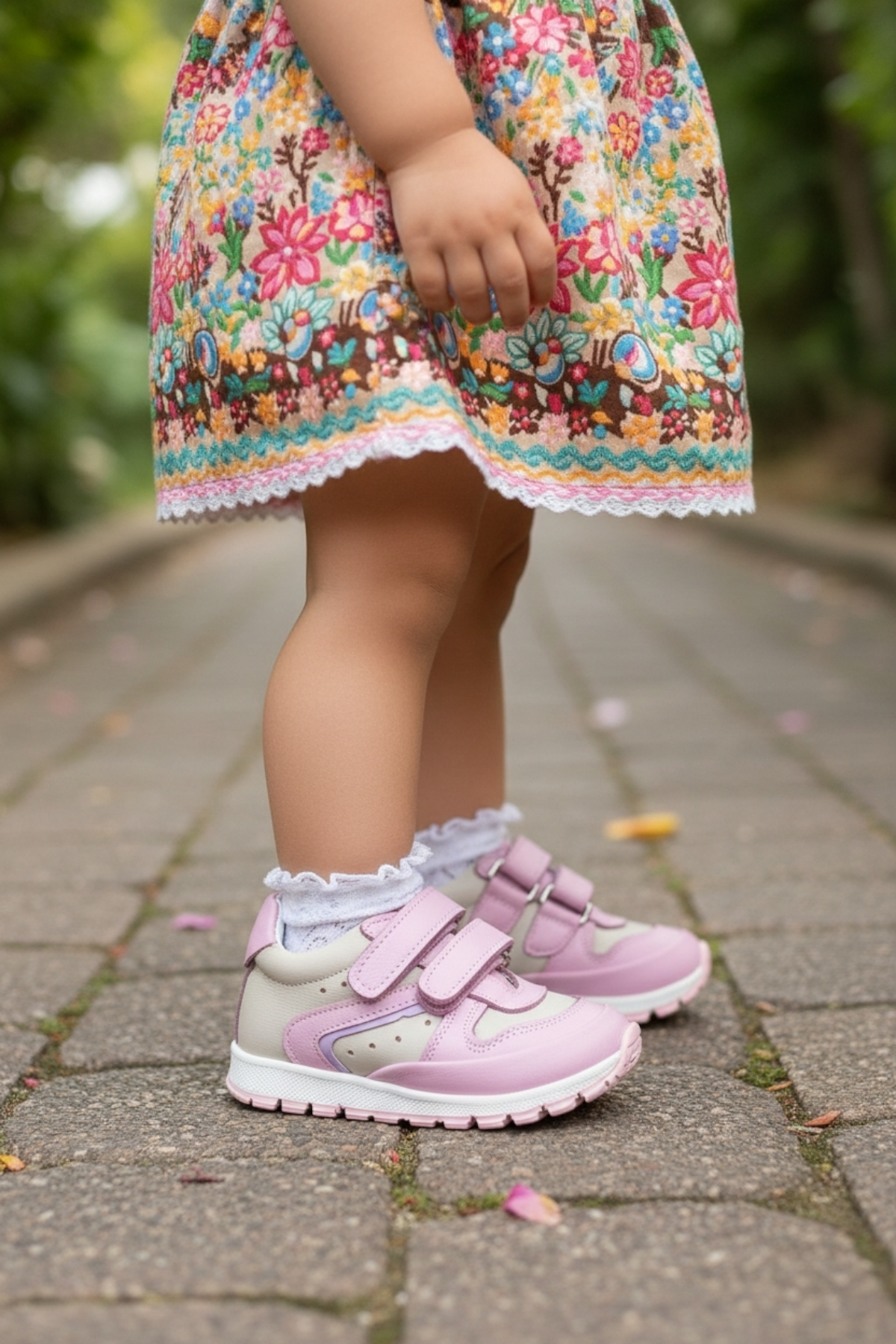 Pembe Hakiki Deri Tam Ortopedik Çift Cırtlı Bebek Spor Ayakkabı