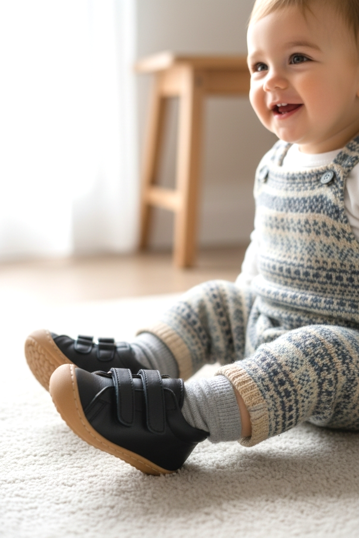 Siyah Hakiki Deri Tam Ortopedik Çift Cırtlı İlk Adım Ayakkabı