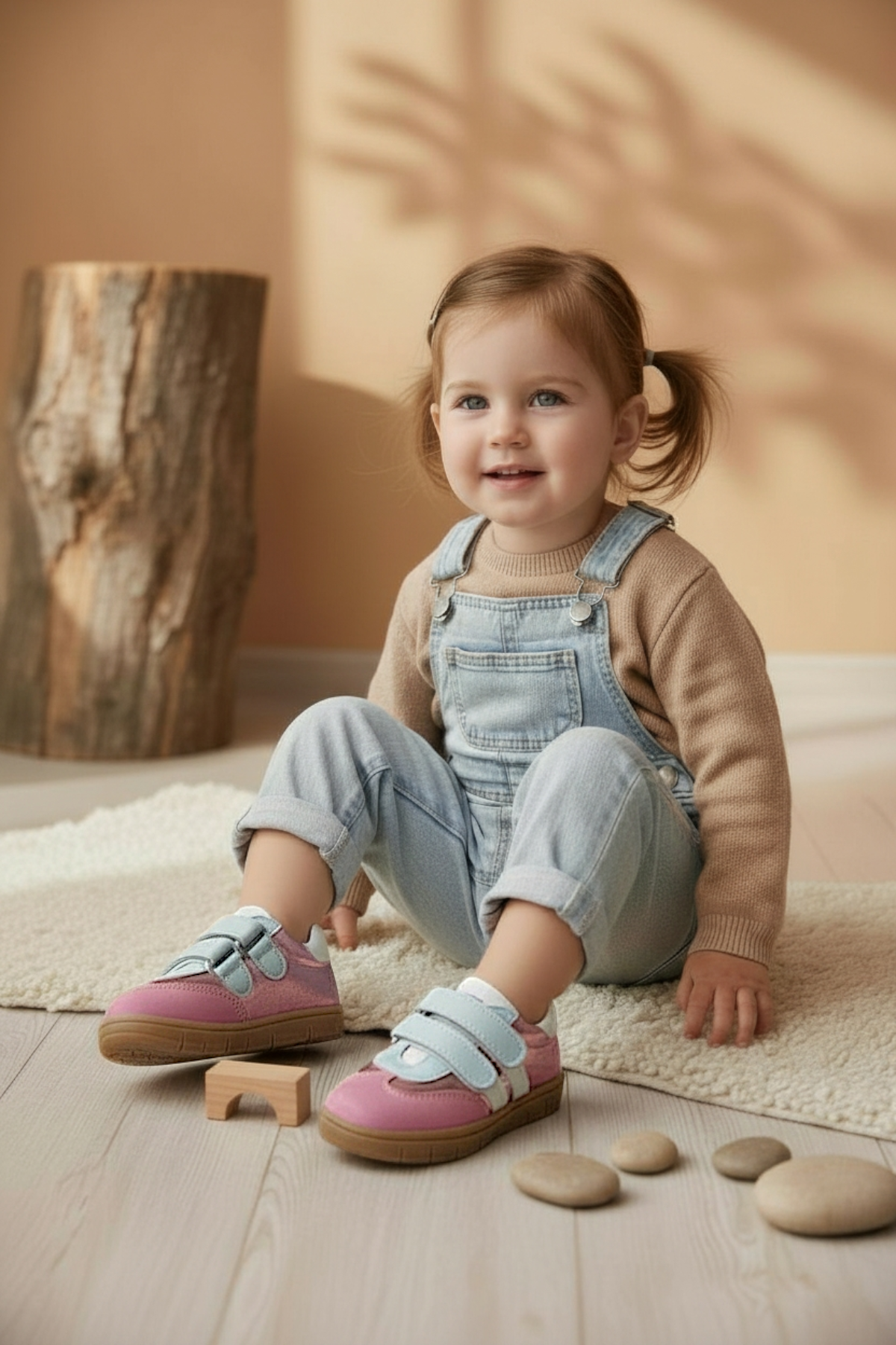 Pembe Hakiki Deri Tam Ortopedik Çizgili Bebek Ayakkabısı