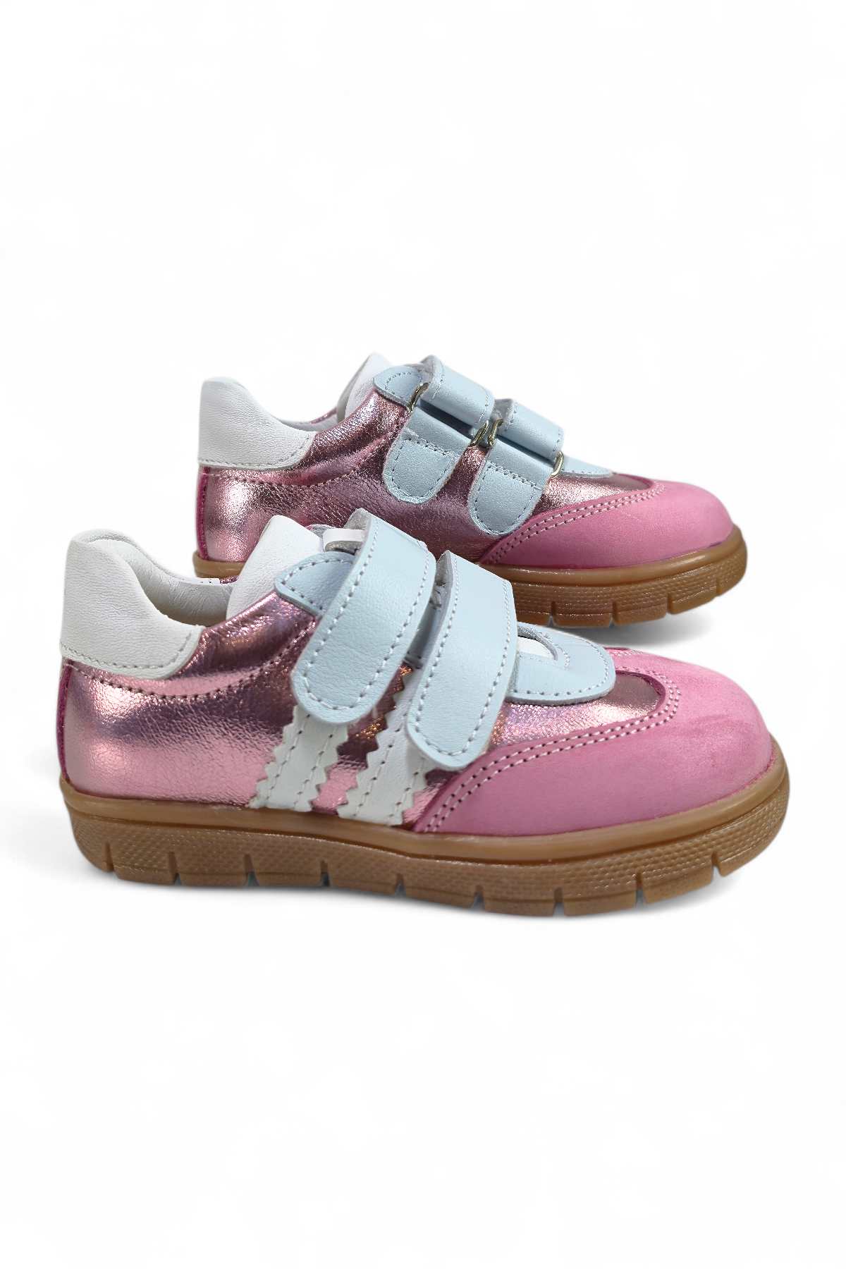 Pembe Hakiki Deri Tam Ortopedik Çizgili Bebek Ayakkabısı
