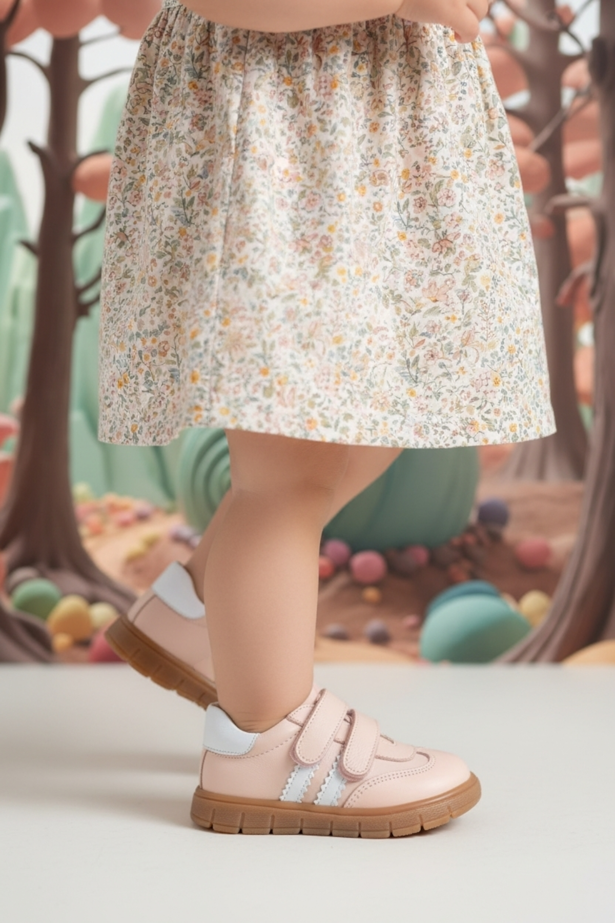 Pudra Hakiki Deri Tam Ortopedik Çizgili Bebek Ayakkabısı