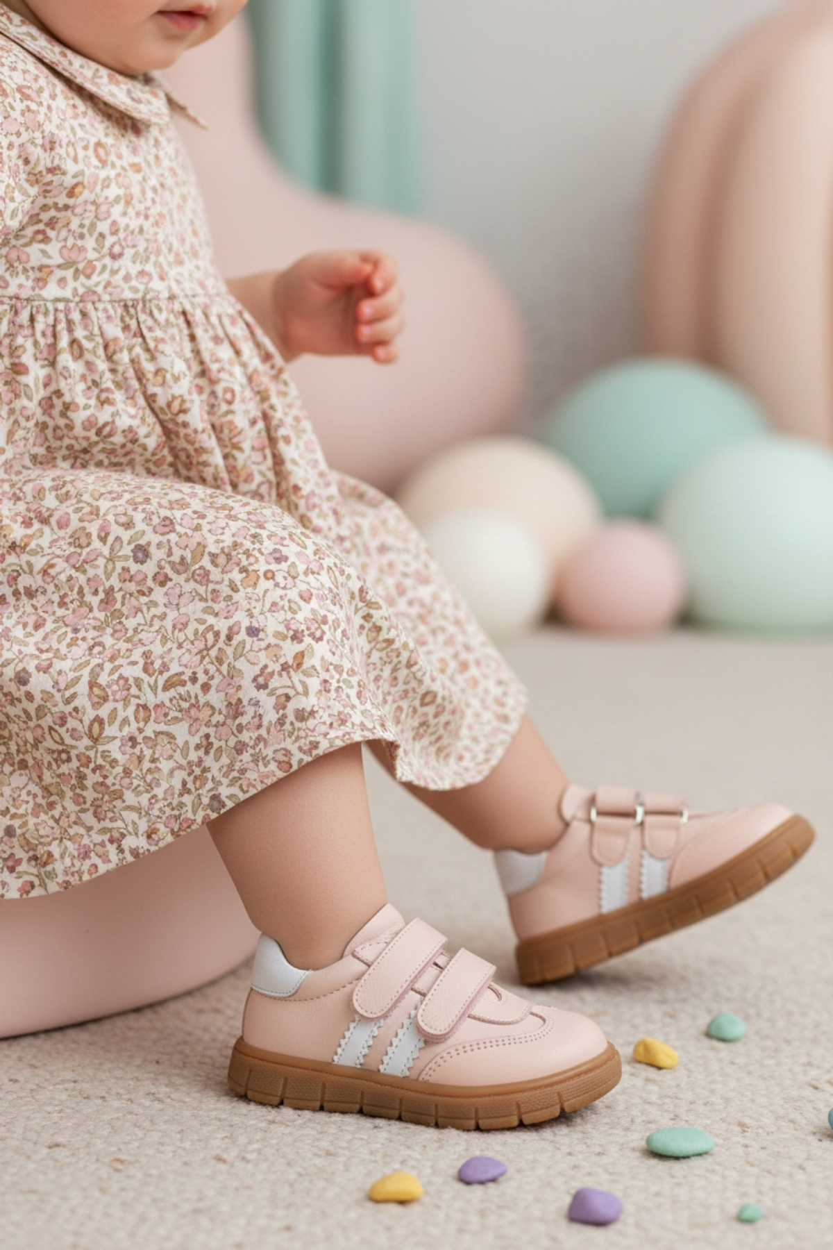 Pudra Hakiki Deri Tam Ortopedik Çizgili Bebek Ayakkabısı